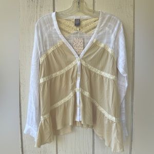 Free People Cream and White Mixed-Media Button Front Top